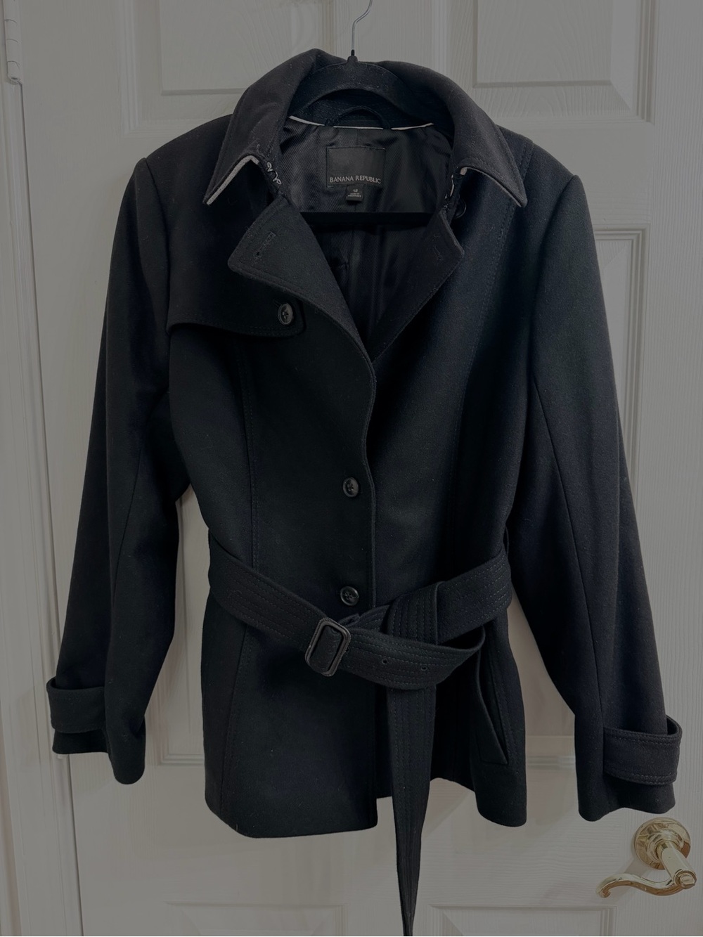Banana Republic Melton Black Wool Blend Short Trench Coat with Belt Size 12